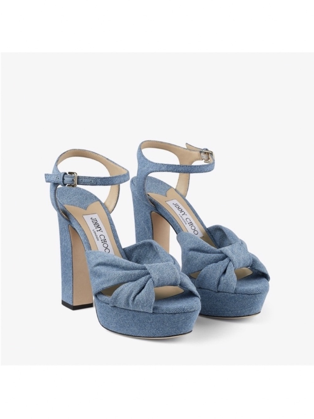 Like new JIMMY CHOO Heloise 120 Knotted Denim Platform Sandals $995 36.5